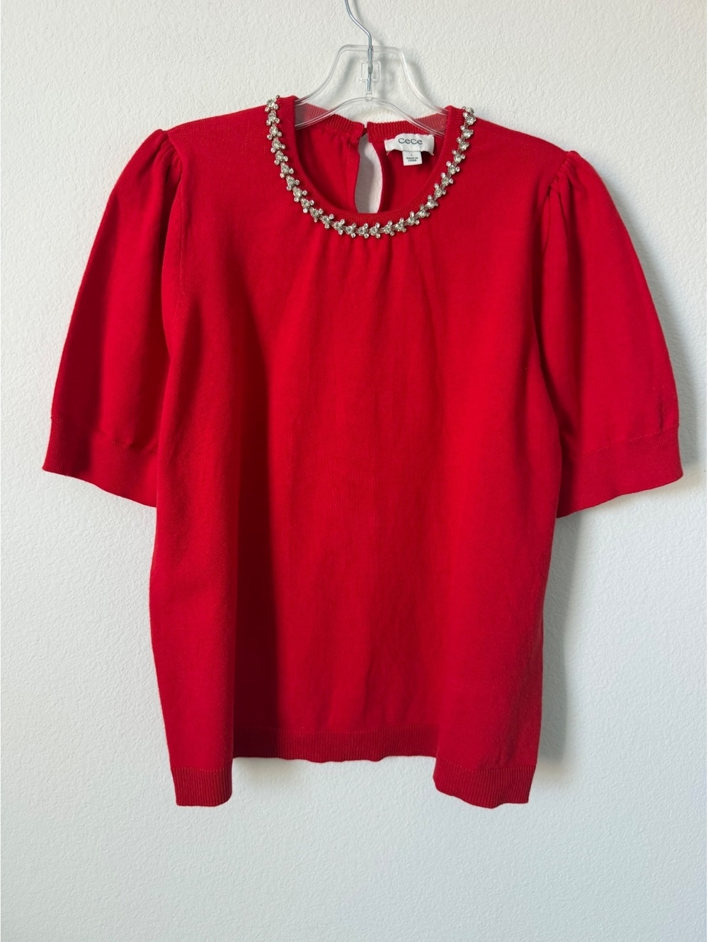 CeCe Short Sleeve Rhinestone Jewel Round Neck Cotton Blend Sweater Size L